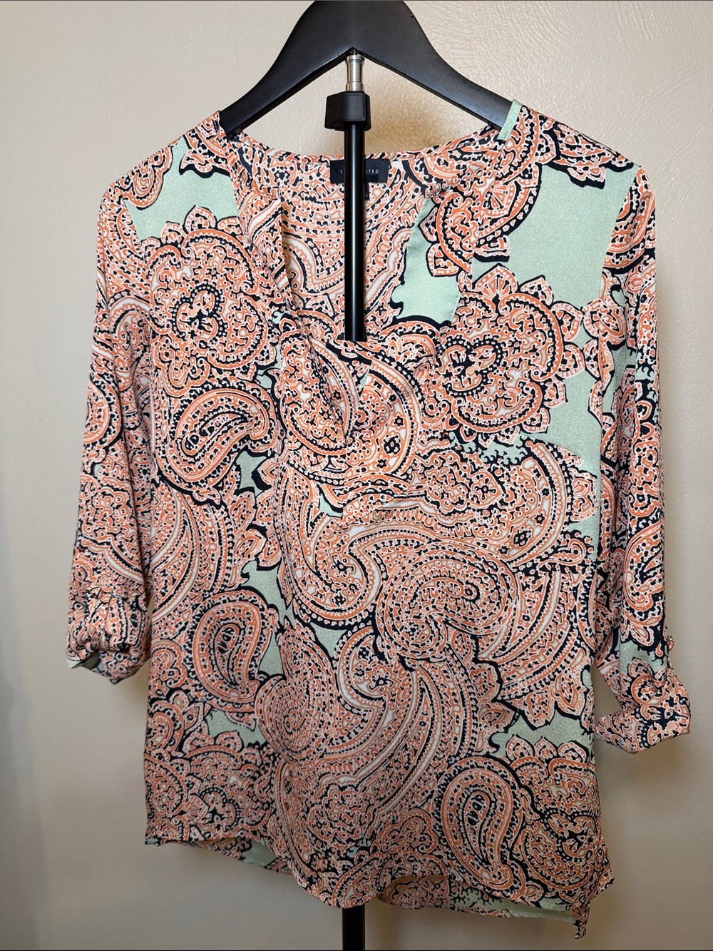 The Limited Mint and Peach Paisley Split-Neck Blouse